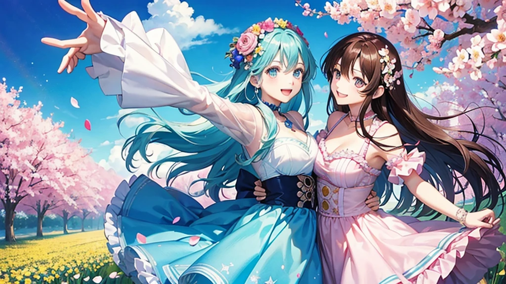anime、Vibrant colors、Uplifting、Two beauties、Two people facing each other、20 years old、Bright clothes、Bright eyes、Sparkling eyes、Large Breasts、An innocent smile、A flower field、blue sky、rainbow、Petals are dancing、spring