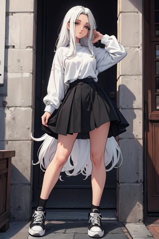 de 22 anos, pele branca, quase fala, cabelo branco, rosa nas pontas, cabelo extremamente longo, apertado, black pantyhose, black sneakers, cabelo branco, cabelo entre os olhos, cabelo branco, boca fechada, faixa, messy hair formal skirt model pose big skirt white hair