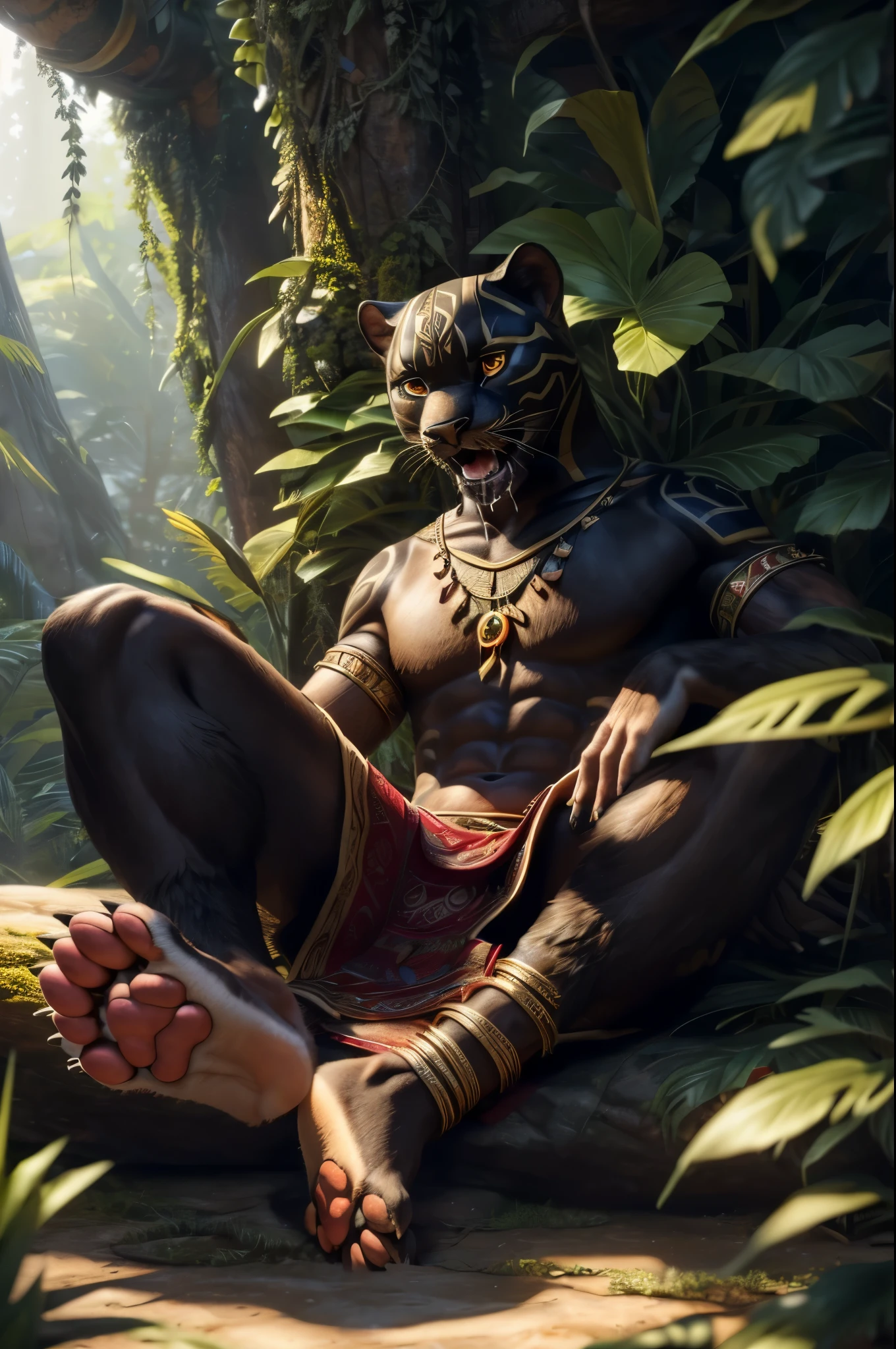 (((sfw))), (((Barefoot furry character, full body, cinematic setting, furry male, plantigrade))) Curare depicted as stealthy and agile ((black panther)) anthro with sleek black fur and piercing amber eyes. Clad in tribal-inspired attire with dart motifs symbolizing curare's traditional use in blow darts. The figure sitting barefoot in a dense rainforest setting, surrounded by vines and exotic plants like Strychnos toxifera, used in curare preparation by indigenous tribes. (((nice feet paws, soles with pawpads, one feet lifted))), BREAK, detailed background, 8K, (masterpiece:1.5), intricate details, highly detailed, extreme detail, octane render, fine art, best quality, highres, (detailed face:1.5), ((full_body)), UHD, (((perfect hands))), low light, (((green glow in eyes, open mouth, drooling, deeply hypnotised)))