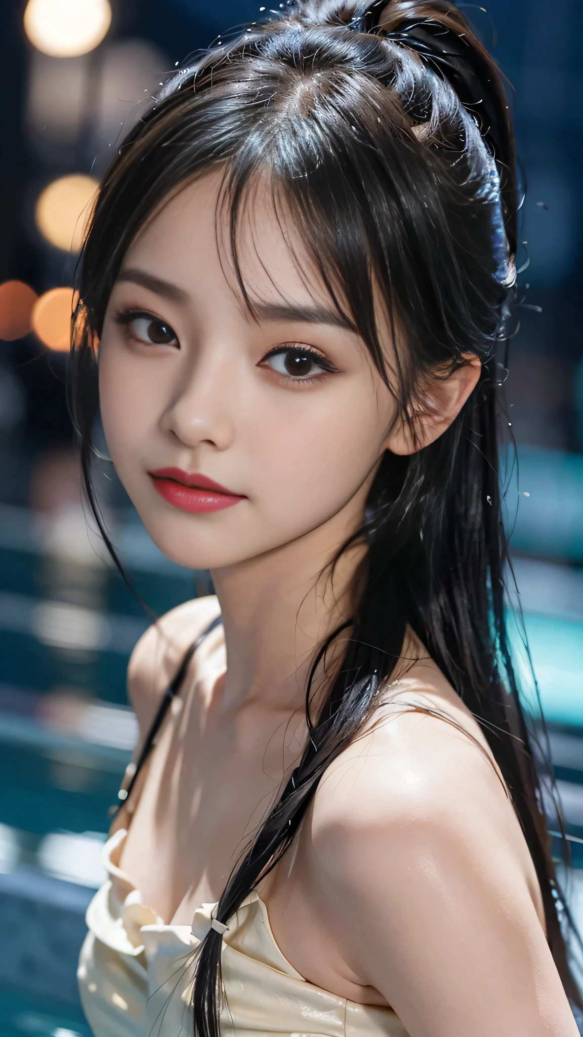 night,It's dark outside,Resort Pool lit up with neon lights at midnight,bikini,Close up face,One woman,masutepiece, The highest image quality, High quality, the background is clear,Beautiful woman, Japanese, Detailed, Detailed eyes, Detailed skin, Beautiful skin, 超hight resolution, (reality: 1.4),Very beautiful woman, Slightly younger face, Beautiful skin, slender, (Ultra photo realsisim), (hight resolution), (8K), (Very detailed) (beautifully detailed eyes), (super detailed), (Detailed face), view the viewer, Fine details, Detailed face, Staring straight ahead, Staring straight ahead, photos realistic, Bright lighting, Professional Lighting, Black hair,poneyTail,a baby face,fifteen years old,Hairstyle: ponytail,Long ponytail hairstyle,slight smile,neat and tidy clothing,Beautiful Japanese KPOP idol photo, hair style is ponytail, my eyes are double and wide, baby face, smile and look straight ahead, slender, small breasts,Close up face,
