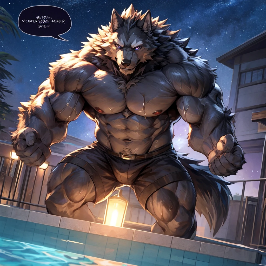 masterpiece,high quality,anime, ultra detailed, camera angle from bottom
, Tearing one's clothes with one's hands
, 毛むくじゃらの雄の黒Wolf, Wolf, great physique,Strong arms, manly
, Topless
, ((Excessive sweating))
, Fine grain, (ultra detailed eyes:1.4), purple pupil
, (speech bubble:1.1)
, Poolside, Night Sky, From null-ghost,Pino Daeni, Streetlight