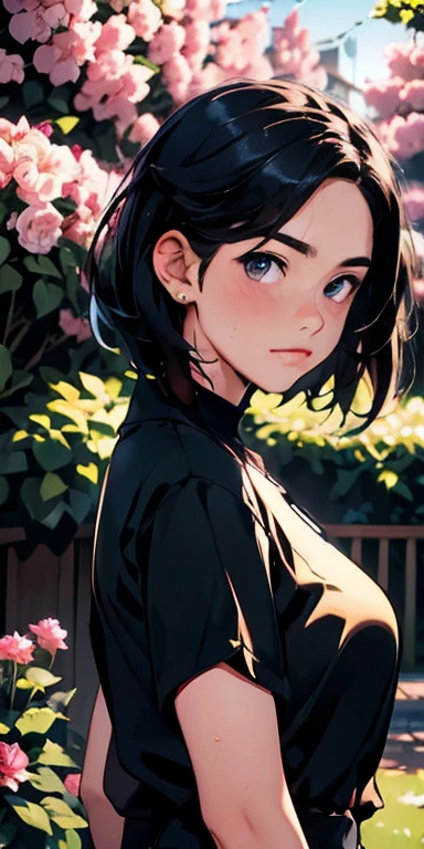 best quality, high resolution, ultra-detailed, realistic, vibrant colors, portraits, girl in a garden, short black hair, beautiful detailed eyes, smile, blushing