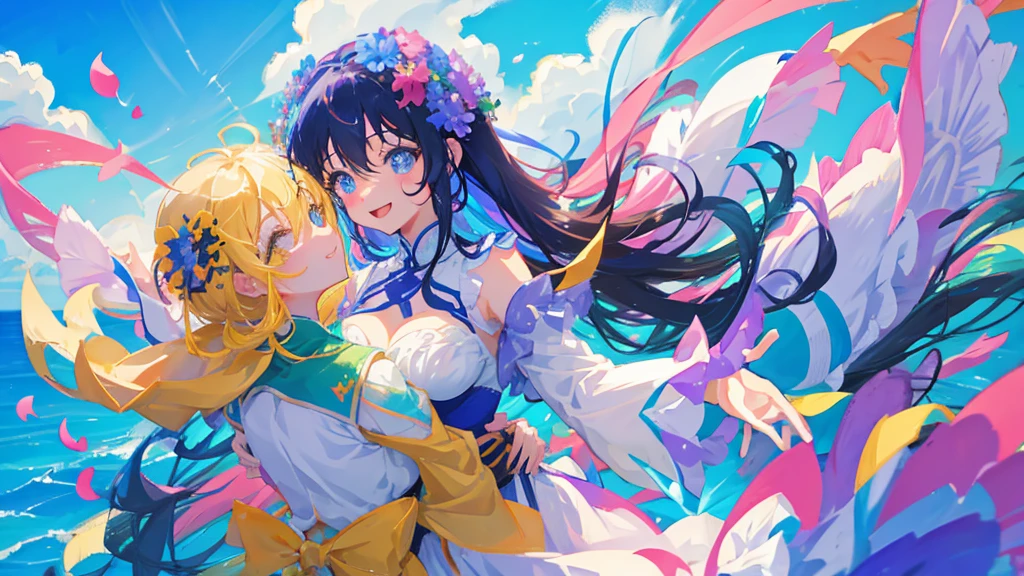anime、Vibrant colors、Uplifting、Two beauties、Two people facing each other、20 years old、Bright clothes、Bright eyes、Sparkling eyes、Large Breasts、An innocent smile、A flower field、blue sky、rainbow、Petals are dancing、spring