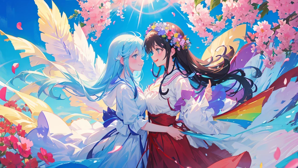 anime、Vibrant colors、Uplifting、Two beauties、Two people facing each other、20 years old、Bright clothes、Bright eyes、Sparkling eyes、Large Breasts、An innocent smile、A flower field、blue sky、rainbow、Petals are dancing、spring