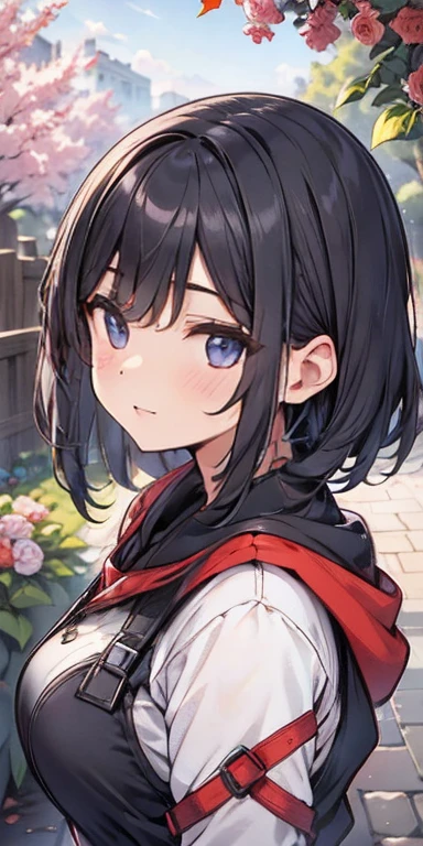 best quality, high resolution, ultra-detailed, realistic, vibrant colors, portraits, girl in a garden, short black hair, beautiful detailed eyes, smile, blushing
