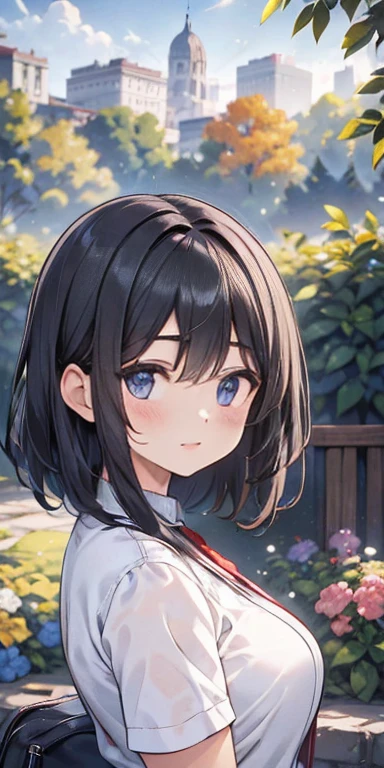 best quality, high resolution, ultra-detailed, realistic, vibrant colors, portraits, girl in a garden, short black hair, beautiful detailed eyes, smile, blushing