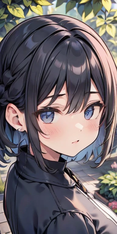 best quality, high resolution, ultra-detailed, realistic, vibrant colors, portraits, girl in a garden, short black hair, beautiful detailed eyes, smile, blushing