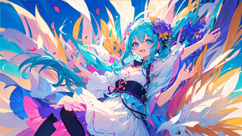 anime、Vibrant colors、Uplifting、3 beautiful girls、Bright clothes、Bright eyes、Sparkling eyes、Large Breasts、An innocent smile、A flower field、blue sky、rainbow、Petals are dancing、spring