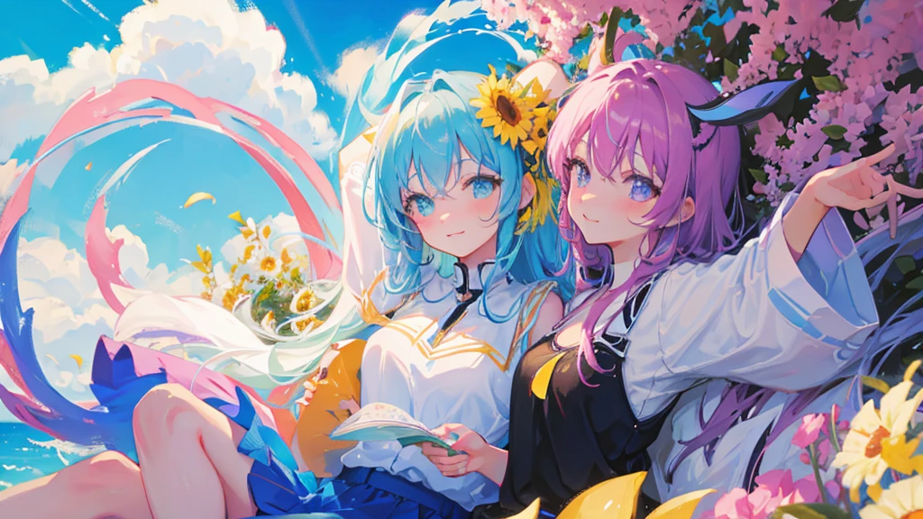 anime、Vibrant colors、Uplifting、3 beautiful girls、Bright clothes、Bright eyes、Sparkling eyes、Large Breasts、An innocent smile、A flower field、blue sky、rainbow、Petals are dancing、spring