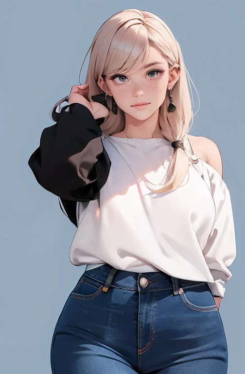 2D Illustration, anime, a painting portrait in fine arts, in manhwa style, {{Bishamon de noragami}}, 30 anos de idade,, mulher,1 garota, loiro, cabelo longo, olhos roxos, inventar, lindo, High definition, Obra de arte, melhor qualidade, alto detalhe, alto detalheed eyes, Grain Filter, detailed lips, high resolution, ultra-detalhado, retrato, mulher caucasiana, realistic proportions, Anatomicamente preciso, bochechas rosadas; alta qualidade, premiado, high resolution, 8K, ((altamente detalhado:1.3), com volumosos cabelos ondulados, With peach loiroe bangs and olhos roxos and voluminous lips, {{cropped preto}, ((jeans curtos)), Anime style illustration, Ganhar