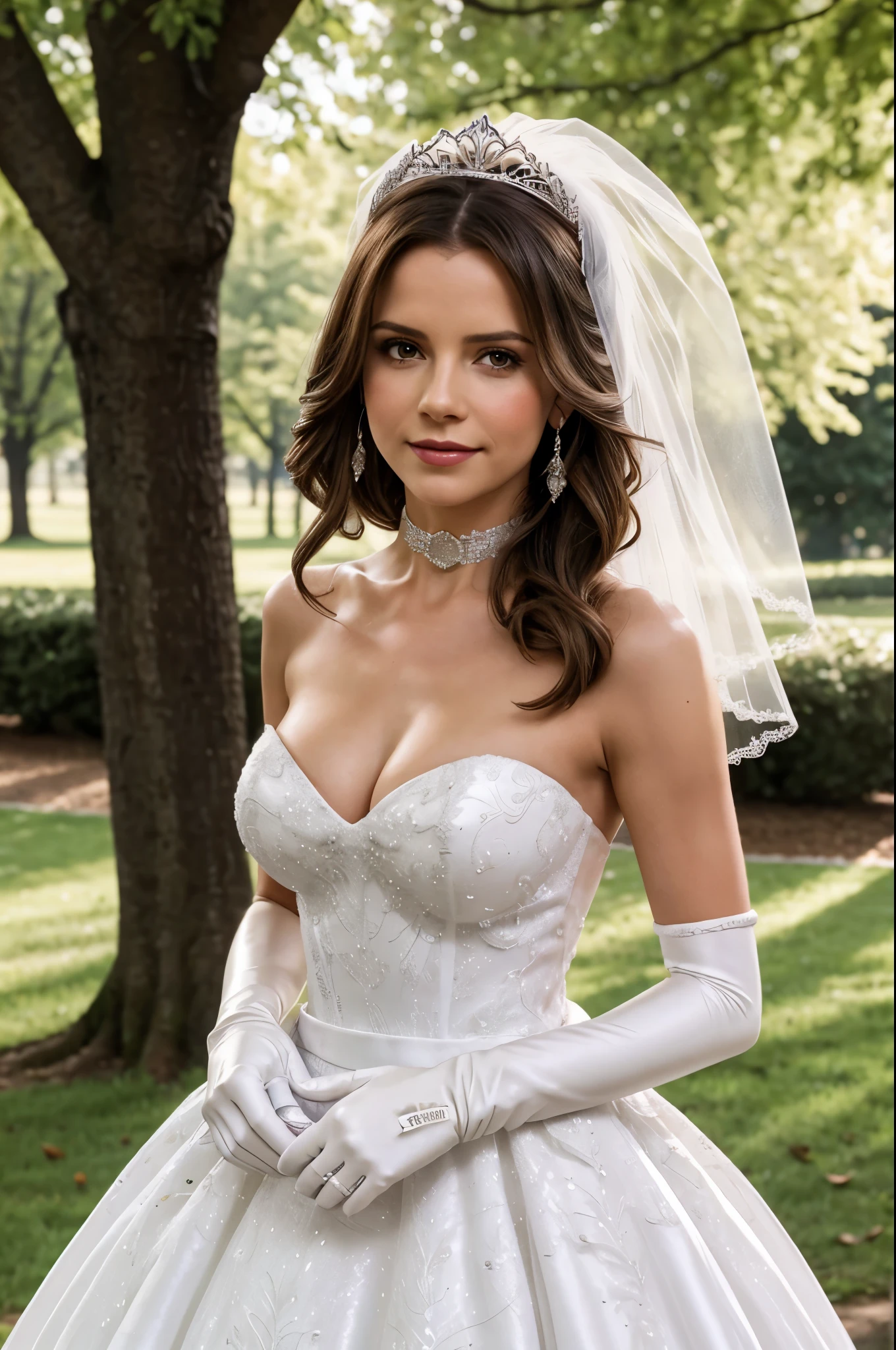 1girl, solo,Rey Star Wars, crown,earrings ,lipstick, eye shadow, makeup, hair between eyes, ahoge, hair ornament, gloves, dress, cleavage, bare shoulders, collarbone, white oprea gloves, white gloves, white dress, strapless, white choker, tiara, veil, strapless dress, wedding dress, bridal veil, beautiful woman, perfect body, perfect breasts, wearing a wedding dress, ball gown, in the park trees, wedding decorations, looking at the viewer,  smile, realism, masterpiece, textured skin, super detail, high detail, high quality, best quality, 1080p, [Victoria Beckham], [[Kate Beckinsale]], [[[Jenna Coleman]]], [[[Tricia Helfer]]]
