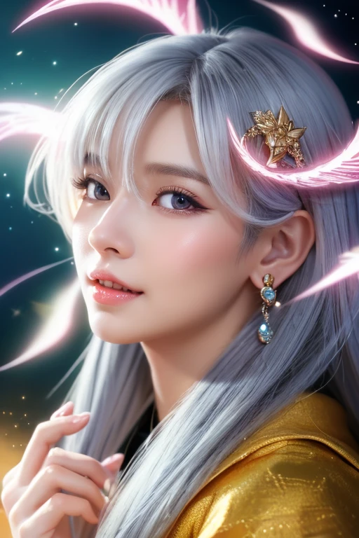 High quality CG illustration,((highest quality)), ((masterpiece)), (detailed), Perfect Face,日本の女god,Doll-like girl with angel wings, Archangel, , Look forward , Princess Crown, Dragon Horn, Look up at the camera, ,(Abysmal),(Are you okay, round, Symmetrical eyes),Delicate facial features, very slim and 細い体, (She has a mischievous smile),(Her face is kind and beautiful),Glass earrings in the ears,,(Blonde Hair),(Silvery white hair),(Dramatic Pose),(Flashy photos), Upturned eyes, Upward glance, Cluttered picture，(Hair flying in the air:2.0),(Background vortices and currents),(Dramatic Light),(Nice views),(Surrounded by beautiful feathers),Spectacular realism,Cinematic feel,(High-density image review:1.5),(Soft colors:1.2),超detailed,Dramatic Light,(複雑なdetailed:1.1), Complex background, Sparkling背景, Fractal Background,(Powerful Fangs:1.5)
,Big eyes,cute,Portrait photos,両手の中にうすいピンクの光るheart,Background pink,god秘的,Shrine maiden,女god,Beauty,cute,Beauty,The goddess,Anime Style,Anime CG,god様,gem,shine,luxury,god々Aura,crystal,dragon,Gal,Heavy makeup,Eyelashes,Feather coat,Decoration,Facing forward,Anime Style,kimono,Sparkling,gem,左手にcrystalを持つ,heart,Benefits,Fortune telling,luxury,gold,luxuryなDecoration,luxuryな背景,noble,おRich man,Love luck,和風の女god,altar,dragongod,Aurora,Rainbow-colored,真Facing forward,luxury絢爛,shine,dazzling,Aurora,Rich man,wealthy class,Fairy,Gray Hair,Light blue hair,earrings,gemが沢山付いた服,Hanfu ,god社,prayer,Rainbow-coloredの髪と花の冠を持つ女性の接写, Anime Style 4k, detailedなDigital anime art, 8Kの高品質でdetailedなアート, Beautiful anime portraits, Anime fantasy artwork, Anime fantasy illustration, anime art wallpaper 4k, anime art wallpaper 4k, Digital anime art, Highly detailed digital art in 4K, Anime Style. 8k,目線はFacing forward,Gold Folding Screen,,,,