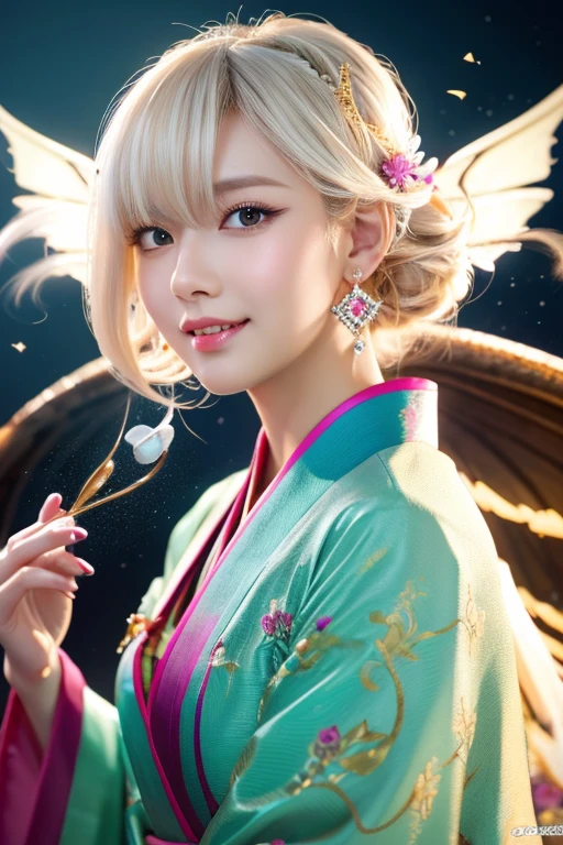 High quality CG illustration,((highest quality)), ((masterpiece)), (detailed), Perfect Face,日本の女god,Doll-like girl with angel wings, Archangel, , Look forward , Princess Crown, Dragon Horn, Look up at the camera, ,(Abysmal),(Are you okay, round, Symmetrical eyes),Delicate facial features, very slim and 細い体, (She has a mischievous smile),(Her face is kind and beautiful),Glass earrings in the ears,,(Blonde Hair),(Silvery white hair),(Dramatic Pose),(Flashy photos), Upturned eyes, Upward glance, Cluttered picture,(Hair flying in the air:2.0),(Background vortices and currents),(Dramatic Light),(Nice views),(Surrounded by beautiful feathers),Spectacular realism,Cinematic feel,(High-density image review:1.5),(Soft colors:1.2),超detailed,Dramatic Light,(複雑なdetailed:1.1), Complex background, Sparkling背景, Fractal Background,(Powerful Fangs:1.5)
,Big eyes,cute,Portrait photos,両手の中にうすいピンクの光るheart,Background pink,god秘的,Shrine maiden,女god,Beauty,cute,Beauty,The goddess,Anime Style,Anime CG,god様,gem,shine,luxury,god々Aura,crystal,dragon,Gal,Heavy makeup,Eyelashes,Feather coat,Decoration,Facing forward,Anime Style,kimono,Sparkling,gem,左手にcrystalを持つ,heart,Benefits,Fortune telling,luxury,gold,luxuryなDecoration,luxuryな背景,noble,おRich man,Love luck,和風の女god,altar,dragongod,Aurora,Rainbow-colored,真Facing forward,luxury絢爛,shine,dazzling,Aurora,Rich man,wealthy class,Fairy,Gray Hair,Light blue hair,earrings,gemが沢山付いた服,Hanfu ,god社,prayer,Rainbow-coloredの髪と花の冠を持つ女性の接写, Anime Style 4k, detailedなDigital anime art, 8Kの高品質でdetailedなアート, Beautiful anime portraits, Anime fantasy artwork, Anime fantasy illustration, anime art wallpaper 4k, anime art wallpaper 4k, Digital anime art, Highly detailed digital art in 4K, Anime Style. 8k,目線はFacing forward,Gold Folding Screen,,,,
