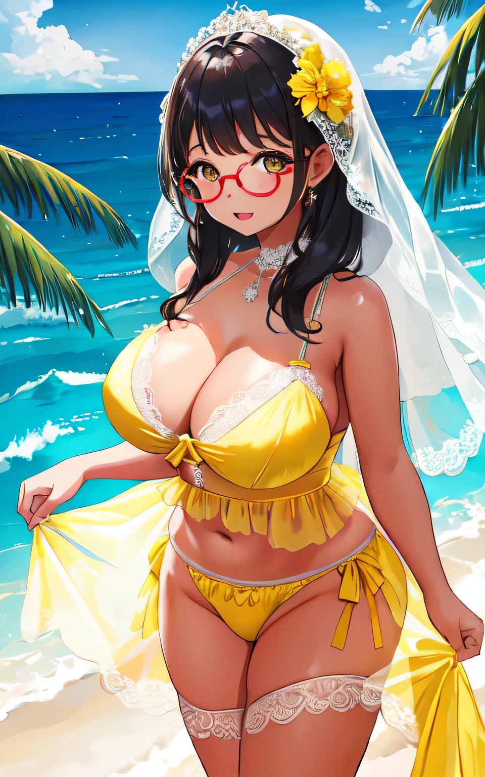 A 6-year-old girl with ???????????, plump figure, round, dressed in a baby yellow wedding dress, lace ??????, ?????? with lace cutouts, on the beach, glasses and wearing a thin tulle