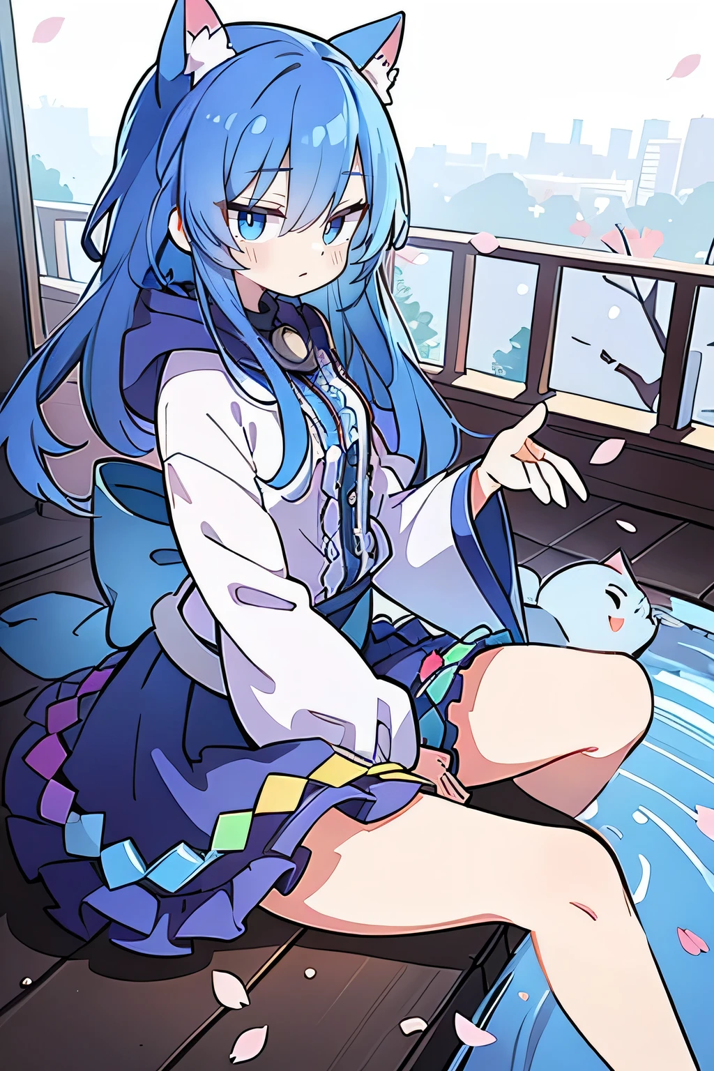 (masterpiece:1.2),Super detailed,lifelike,Expressive eyes,fair skin,perfect face shape,1 girl,
Japanese comics,Gorgeous blue hair,flowing blue hair,flowing clothes,Cat ears,Petals fall,beautiful lola,Baby Angel,
Cross your legs,Gentle and peaceful background,The pavilion is cool and comfortable, wearing hoodie, background of tokyo,back views,snowing, winter.