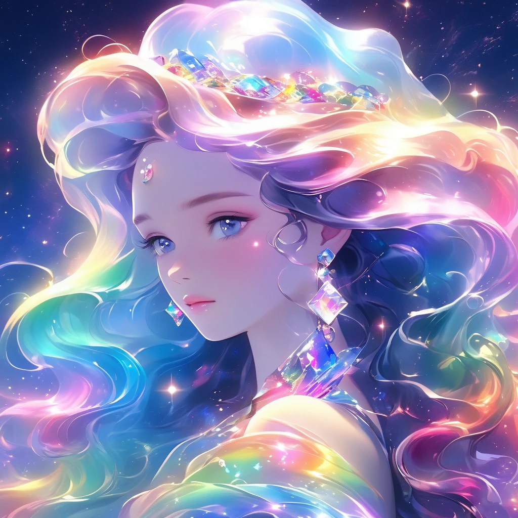 Beautiful young princess，jewelry，jewelry，Have， Mysterious waves long hair,at night. 3D. Rainbow-colored. The melting beauty of the universe. Nebula Reflection Surrealism. Glass texture，translucent，crystallization