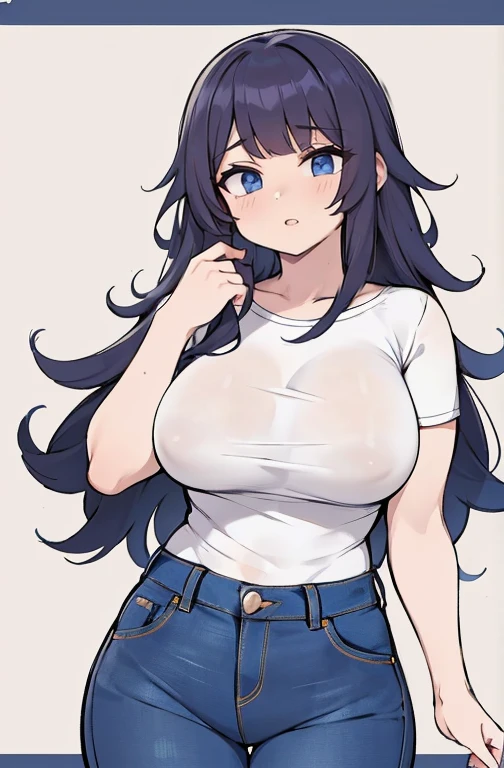 2D Illustration, anime, a painting portrait in fine arts, in manhwa style, {{Bishamon de noragami}}, 30 anos de idade,, mulher,1 garota, loiro, cabelo longo, olhos roxos, inventar, lindo, High definition, Obra de arte, melhor qualidade, alto detalhe, alto detalheed eyes, Grain Filter, detailed lips, high resolution, ultra-detalhado, retrato, mulher caucasiana, realistic proportions, Anatomicamente preciso, bochechas rosadas; alta qualidade, premiado, high resolution, 8K, ((altamente detalhado:1.3), com volumosos cabelos ondulados, With peach loiroe bangs and olhos roxos and voluminous lips, {{cropped preto}, ((jeans curtos)), Anime style illustration, Ganhar
