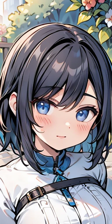 best quality, high resolution, ultra-detailed, realistic, vibrant colors, portraits, girl in a garden, short black hair, beautiful detailed eyes, smile, blushing