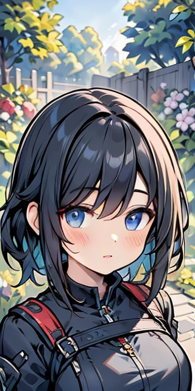 best quality, high resolution, ultra-detailed, realistic, vibrant colors, portraits, girl in a garden, short black hair, beautiful detailed eyes, smile, blushing