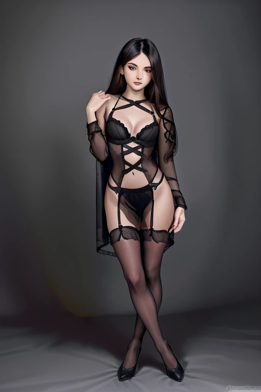 Imagen 1.2 high resolution full body, perfect huge breasts supernatural beauty gothic makeup, cabello rubio con flequillo , ojos azules, labios gruesos, caderas anchas y cintura delgada grandes piernas largas, lingerie, sosten diminuto negro, small thong, legwear sexys, tacones altos
