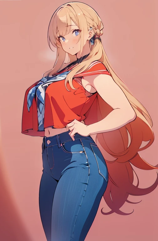 2D Illustration, anime, a painting portrait in fine arts, in manhwa style, {{Bishamon de noragami}}, 30 anos de idade,, mulher,1 garota, loiro, cabelo longo, olhos roxos, inventar, lindo, High definition, Obra de arte, melhor qualidade, alto detalhe, alto detalheed eyes, Grain Filter, detailed lips, high resolution, ultra-detalhado, retrato, mulher caucasiana, realistic proportions, Anatomicamente preciso, bochechas rosadas; alta qualidade, premiado, high resolution, 8K, ((altamente detalhado:1.3), com volumosos cabelos ondulados, With peach loiroe bangs and olhos roxos and voluminous lips, {{cropped preto}, ((jeans curtos)), Anime style illustration, Ganhar
