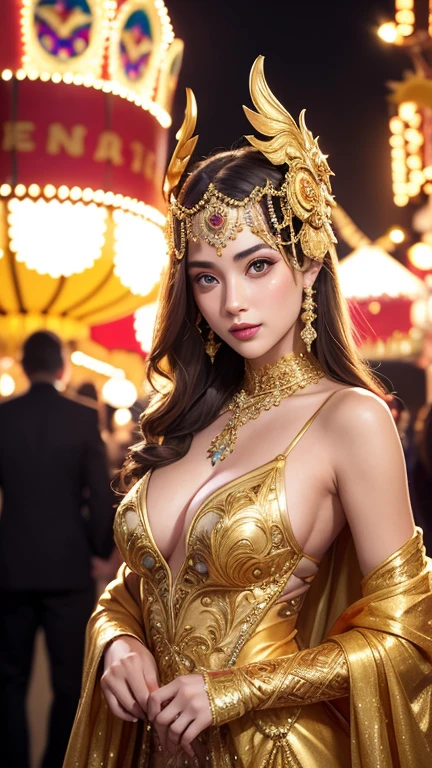 beautiful young woman in a long golden evening gown Wear an intricately detailed carnival mask. Stand in a carnival filled with people and performances ., photorealistic, fantasy ,cinematic light