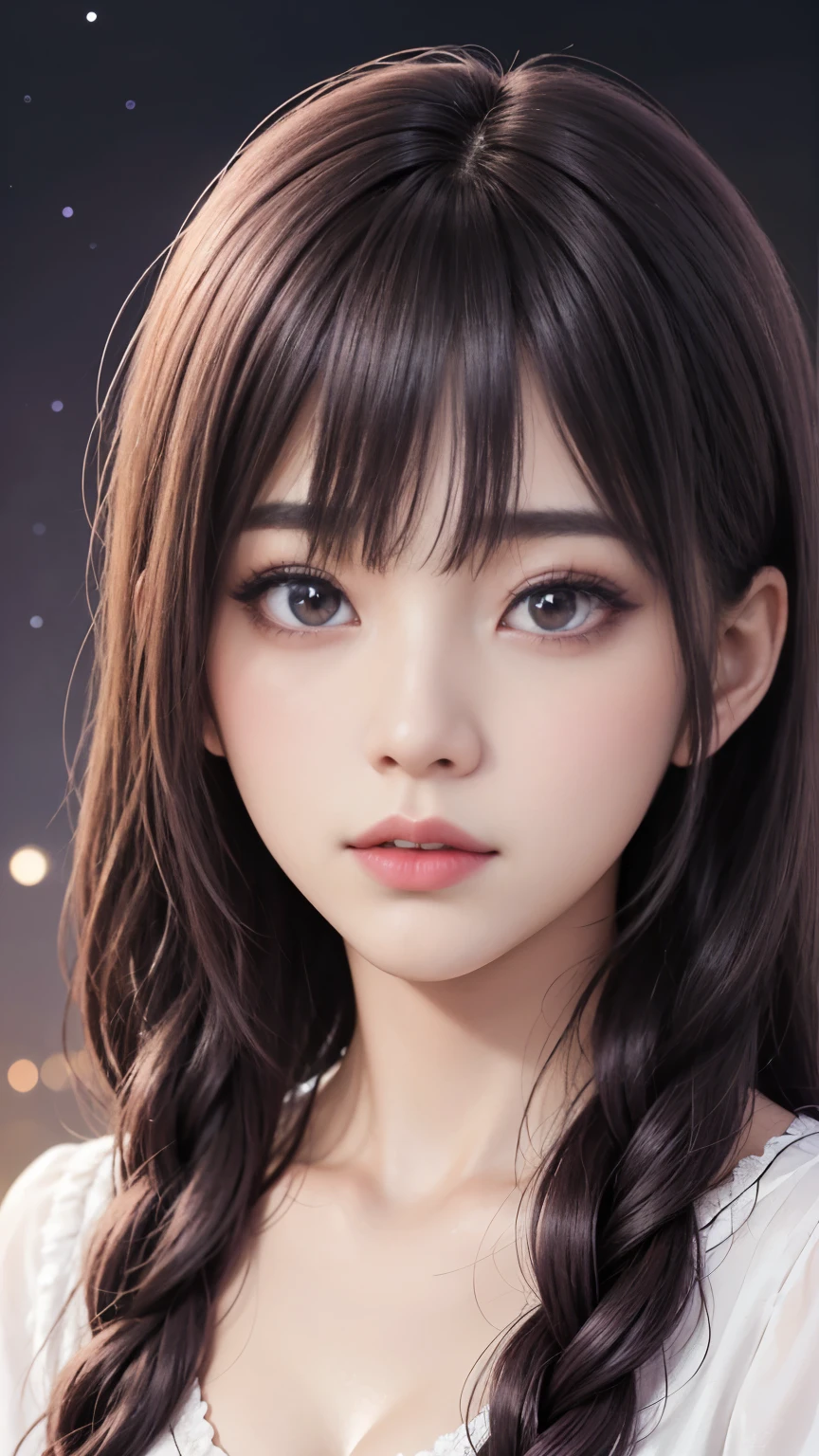 background(Black Night Sky,Big Moon),Woman close up,Wearing a white shirt、Purple Hair,Very long hair,very thick braids,Purple eyes,big , realistic girl rendering, 8k artistic german bokeh, Enchanting girl, Realistic girl, Gurwitz, Gurwitz-style artwork, Girl Roleplay, Realistic 3D style, cgstation Popular Topics,, 8K Portrait Rendering,(Faithfulness,Faithfulness:1.4),Wear pink pajamas,巨big ,Sparkling eyes,Purple eyes