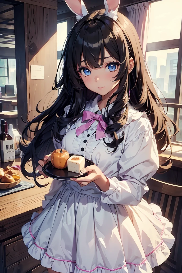 ((1 girl)), (Bunny girl), Holding a tray, cute, pastel colour, Cowboy Shot,((Very detailed,highest quality, High resolution, 8k wallpaper, Beautiful clothes,)),((Black Hair, Long Hair,Curly Hair)), eye shadow, eyeliner,Glow Eye, Very detailedな目, Beautiful Eyes, ((Shining Eyes)), 28 years old,eye shadow, eyeliner,Glow Eye, Very detailedな目, Complex eyes, Beautiful Eyes,