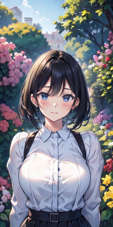 best quality, high resolution, ultra-detailed, realistic, vibrant colors, portraits, girl in a garden, short black hair, beautiful detailed eyes, smile, blushing