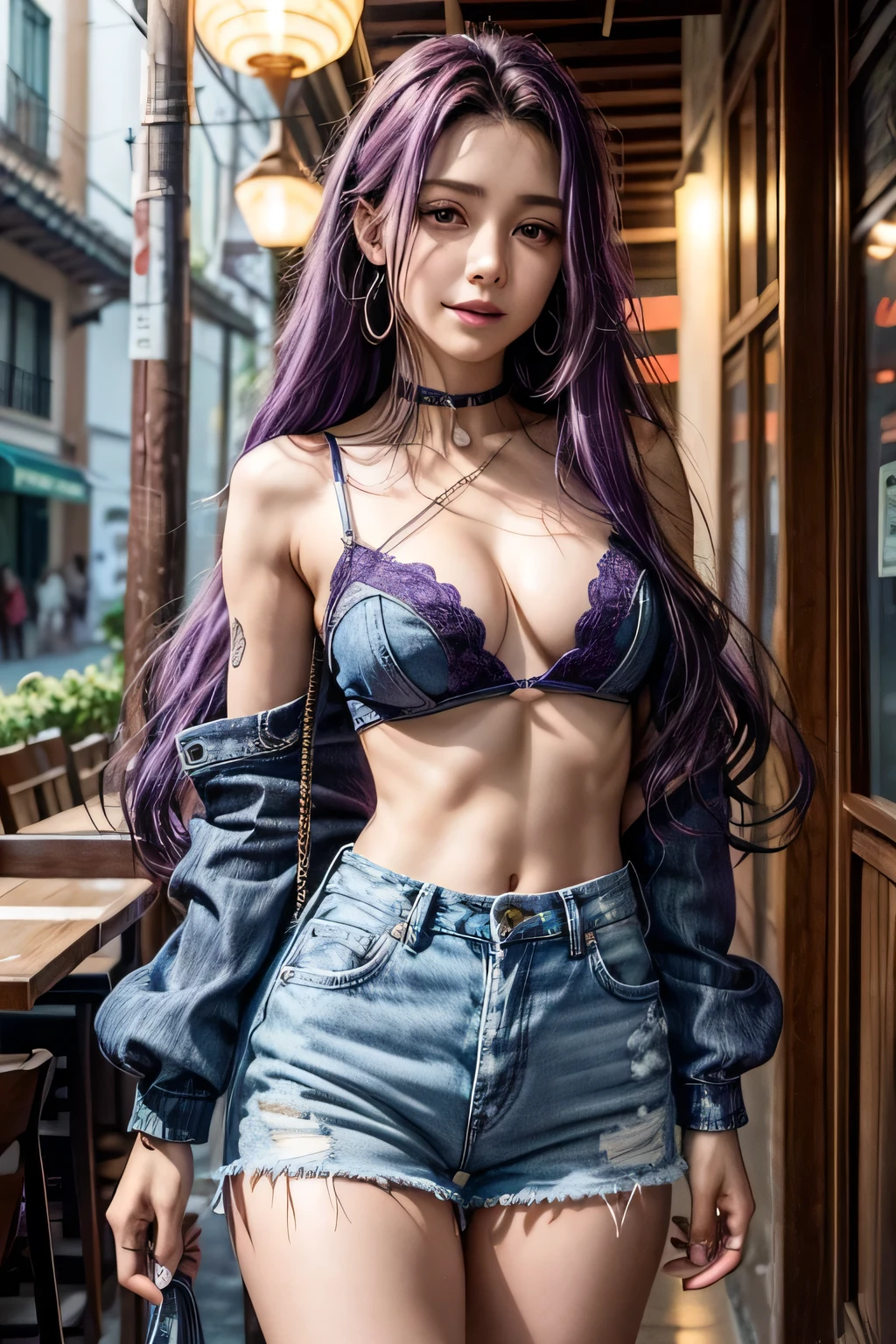 1 garota, official anime art illustration, (longo ((violet)) dreadlocks), olhos violetas, nariz arredondado, (mulher madura haitiana alta e gordinha de pele escura dentro do restaurante omakase), Seios pequenos, (vestindo renda sem mangas e top curto de seda), tatuagem acima do umbigo, braceletes e pulseiras douradas, jeans skinny rasgado, Coxas rechonchudas, contas de cintura, sorriso, perfeitamente fotorrealista, Incrivelmente detalhado, 8K, UHD, Obra de arte, melhor qualidade, ultra detalhado, intricado,
