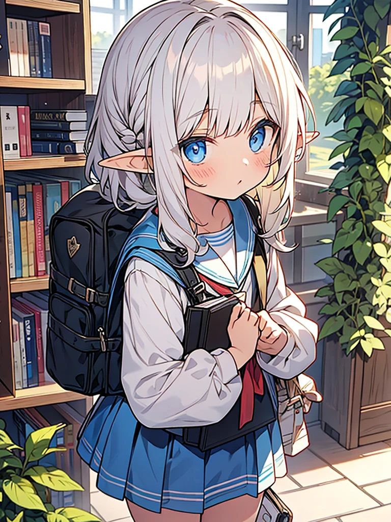 elf shota,1 school bag,book,curl bob hair,