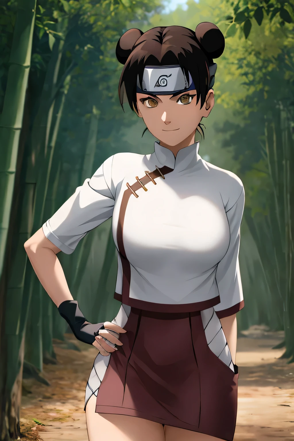 masterpiece, absurdres , (intricate details), (colorful),cinematic lighting,bust shot,extremely detailed CG unity 8k wallpaper,tenten\(shippuden\), 1girl, solo, smile, miniskirt ,(t shirt), hand on hip,forehead protector, konohagakure symbol, headband, looking at viewer, outdoors, bamboo forest, frown, (large breasts), (skinny waist), ((sexy pose))