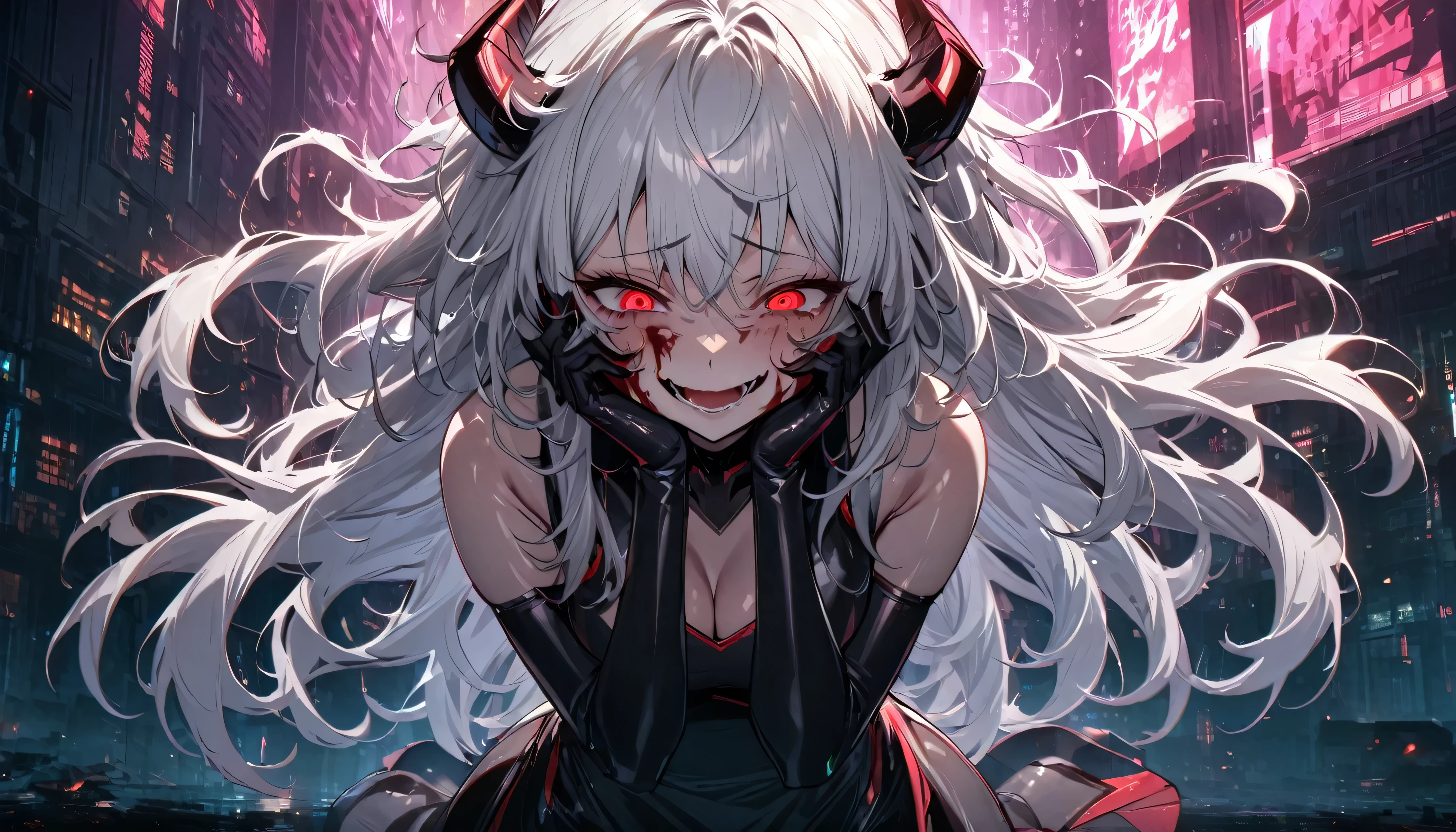 (masterpiece), best quality, expressive eyes, perfect face, 1 girl, White Hair, Long Hair, messy Hair, crazy eyes, Red eyes, Cyberpunk Background, increment Dress, squinting, full Body, looking down to viewer, Cowboy shot, satisfying Smile, big , Open mouth, shiny skin, crazy Smile, blood in face, demon horns, neckline, sexy short dress, gloves, hands in front of her face, hands on own cheeks, hands on own face, solo, yandere, high heels, elbow squeeze the a little, perfect anatomy,