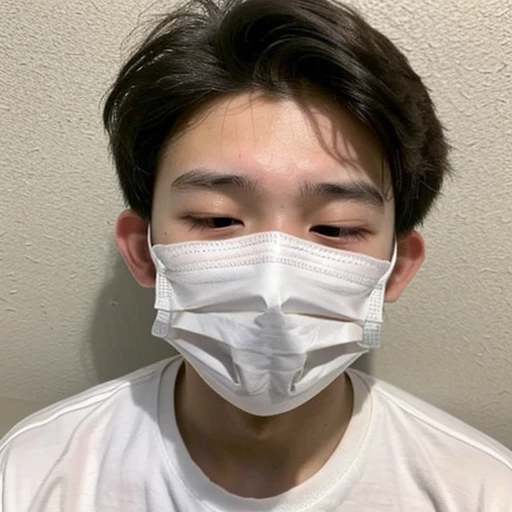 Handsome10A boy about 18 years old has an infectious disease and looks distressed. He is wearing a white mask and has a high fever. He is sleeping and coughing. He is exhausted.