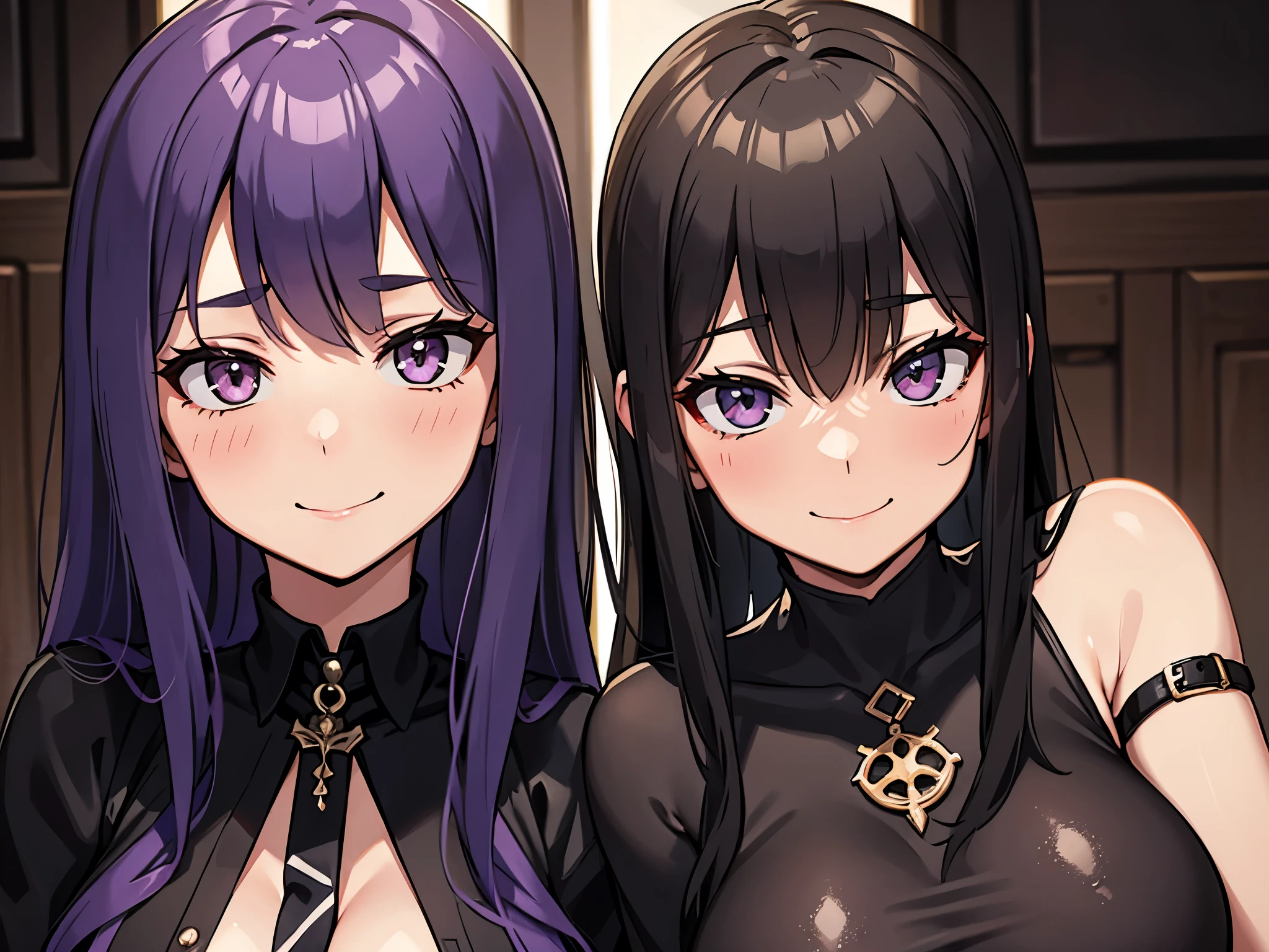 two sexy women looking at camera, flustered smiles, goth outfits, portrait, close up to faces