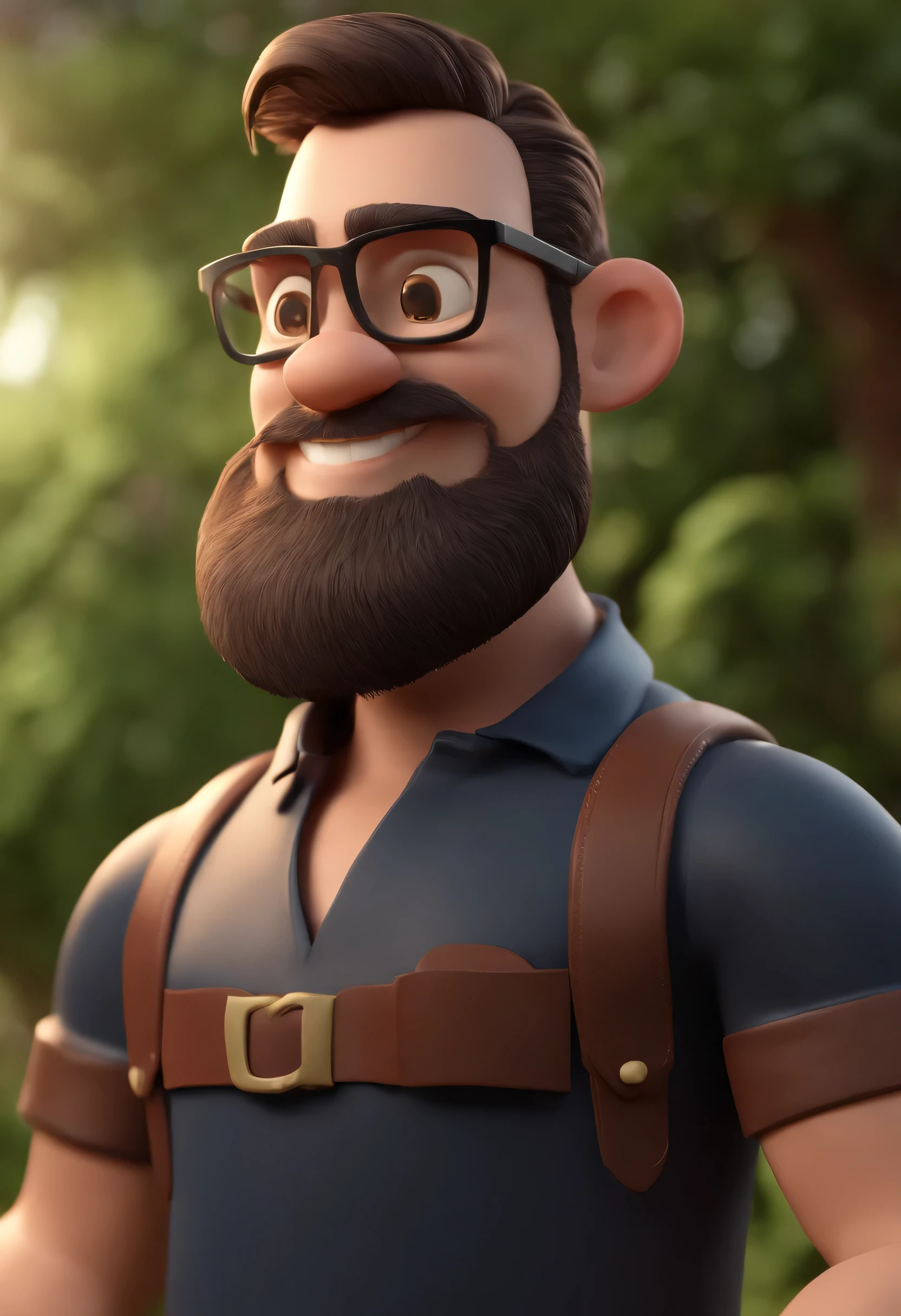 Cartoon character of a man with black glasses and a black polo shirt, cabelo liso, With beard and old school tattoo on his arm, animation character, Caractere estilizado, animation style rendering, 3D estilizado, Arnold Maya render, 3 d render stylized, toon render keyshot, Personagem 3D, Personagem 3D, 3d rendering stylized, 3 d character render, personagem de desenho animado, Personagem de close up, Pose de personagem,  (Estilo Pixar) (master part:1.2) (Bokeh) (best quality) (pele detalhada) (textura detalhada) (8k) (argila) (Cinematic lighting) (sharp focus