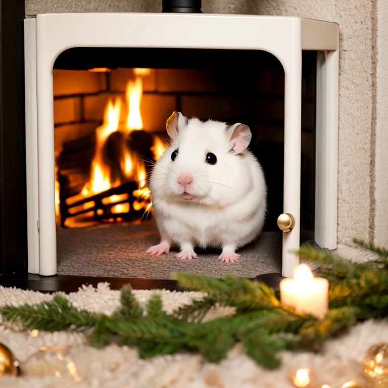 Dwarf Winter White Russian Hamster warming himself by the fireplace。