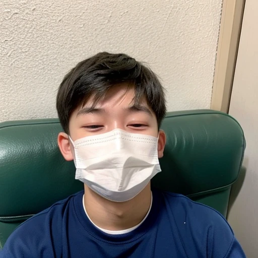 Handsome１０A boy about 18 years old has an infectious disease and looks distressed. He is wearing a white mask and has a high fever. He is sleeping and coughing. He is exhausted.