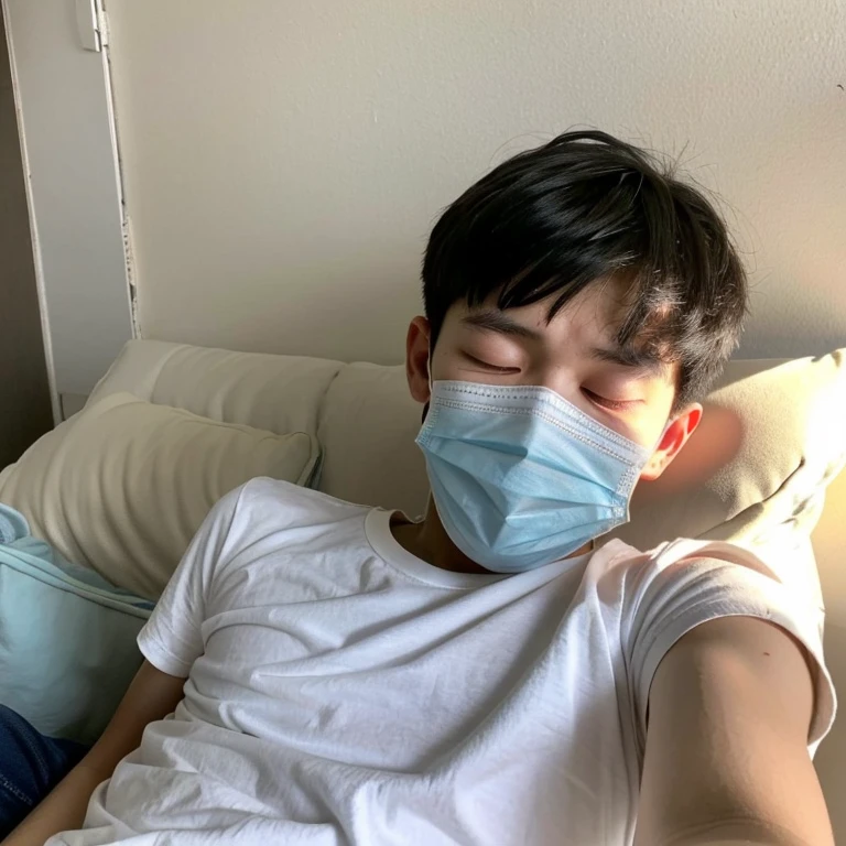 Handsome１０A boy about 18 years old has an infectious disease and looks distressed. He is wearing a white mask and has a high fever. He is sleeping and coughing. He is exhausted.