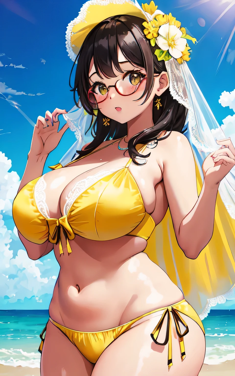 A with big breasts, plump figure, round, dressed in a baby yellow wedding dress, lace bikini, bikini with lace cutouts, on the beach, glasses and wearing a thin tulle