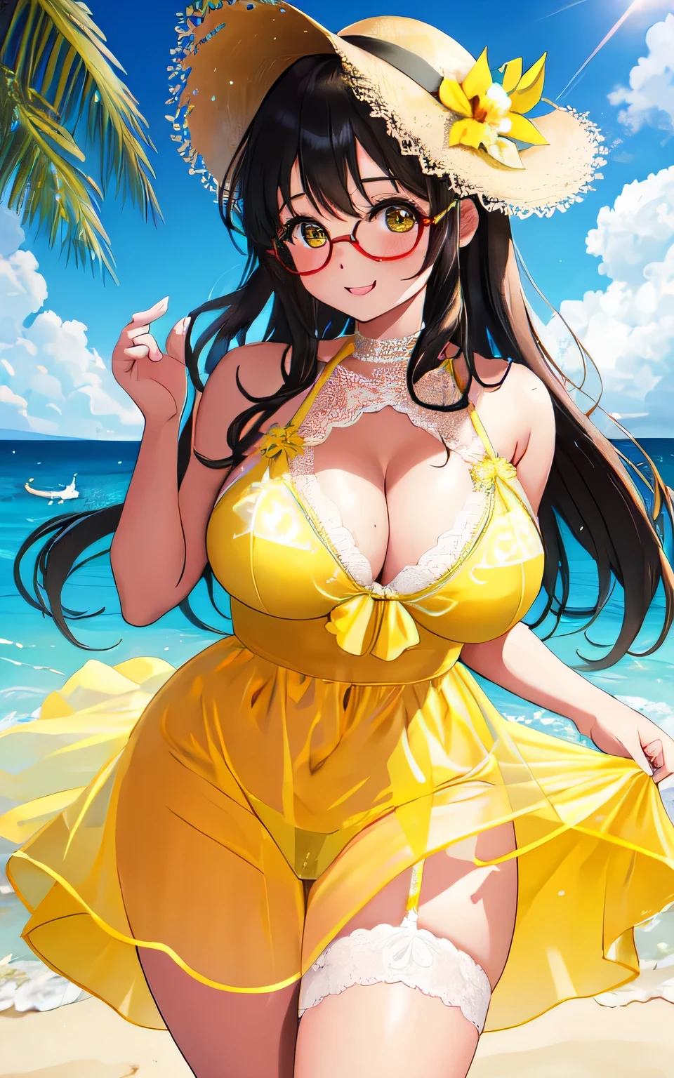 A with big breasts, plump figure, round, dressed in a baby yellow wedding dress, lace bikini, bikini with lace cutouts, on the beach, glasses and wearing a thin tulle