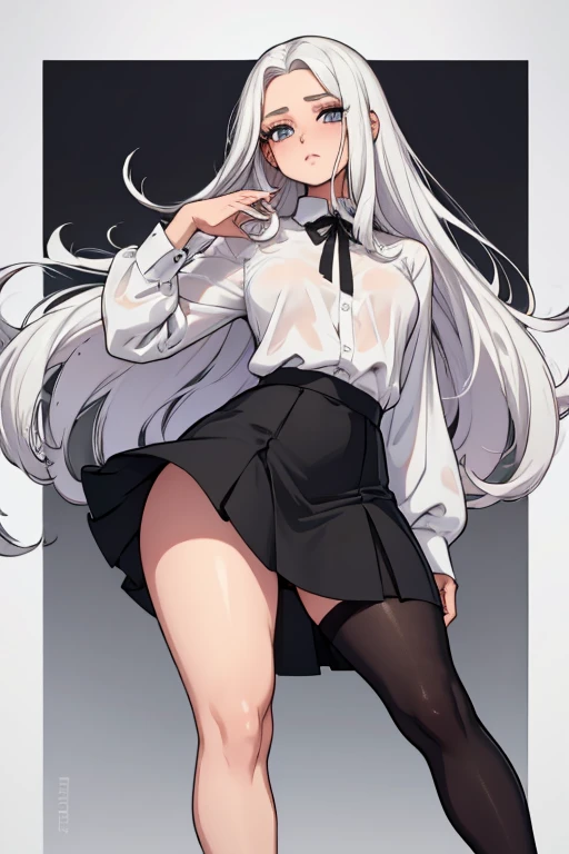 de 22 anos, pele branca, quase fala, cabelo branco, rosa nas pontas, cabelo extremamente longo, apertado, black pantyhose, black sneakers, cabelo branco, cabelo entre os olhos, cabelo branco, boca fechada, faixa, messy hair formal skirt model pose big skirt white hair