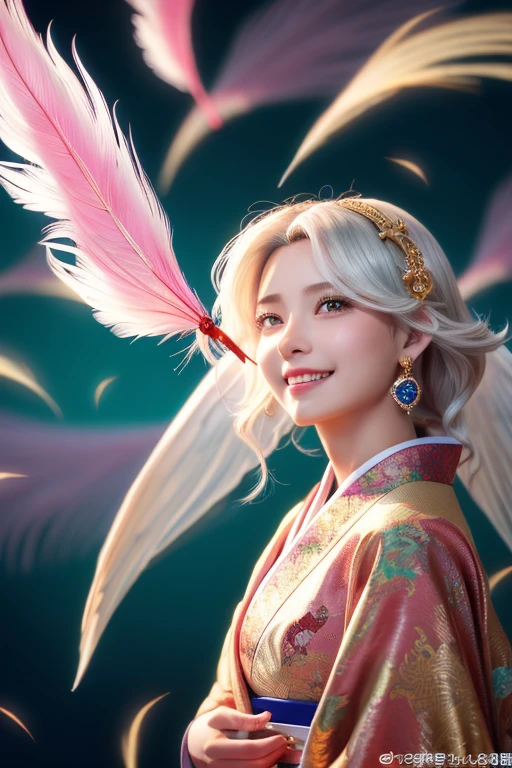 High quality CG illustration,((highest quality)), CG Animation((masterpiece)), (detailed), Perfect Face,日本の女god,Doll-like girl with angel wings, Archangel, , Look forward , Look up at the camera, Bright as morning,(Abysmal),(Are you okay, round, Symmetrical eyes),Delicate facial features, very slim and 細い体, (She has a mischievous smile),(Her face is kind and beautiful),Large glass earrings,,(Blonde Hair),(Silvery white hair),(Dramatic Pose),(Flashy photos), Upturned eyes, Upward glance, Cluttered picture,(Hair flying in the air:2.0),(Background vortices and currents),(Dramatic Light),(Nice views),(Surrounded by beautiful feathers),Spectacular realism,,(Soft colors:1.2),超detailed,Dramatic Light,(複雑なdetailed:1.1), Complex background, Sparkling背景, Fractal Background,(Powerful Fangs:1.5)
,Big eyes,cute,Portrait photos,両手の中にうすいピンクの光るheart,Background pink,god秘的,Shrine maiden,女god,Beauty,cute,Beauty,The goddess,Anime Style,Anime CG,god様,gem,shine,luxury,god々Aura,crystal,dragon,Gal,Heavy makeup,Eyelashes,Feather coat,Decoration,Facing forward,Anime Style,kimono,Sparkling,gem,左手にcrystalを持つ,heart,Benefits,Fortune telling,luxury,gold,luxuryなDecoration,luxuryな背景,noble,おRich man,Love luck,和風の女god,altar,dragongod,Aurora,Rainbow-colored,真Facing forward,luxury絢爛,shine,dazzling,Aurora,Rich man,wealthy class,Fairy,Gray Hair,Light blue hair,earrings,gemが沢山付いた服,Hanfu ,god社,prayer,Rainbow-coloredの髪と花の冠を持つ女性の接写, Anime Style 4k, detailedなDigital anime art, 8Kの高品質でdetailedなアート, Beautiful anime portraits, Anime fantasy artwork, Anime fantasy illustration, anime art wallpaper 4k, anime art wallpaper 4k, Digital anime art, Highly detailed digital art in 4K, Anime Style. 8k,目線はFacing forward,Gold Folding Screen,,,,