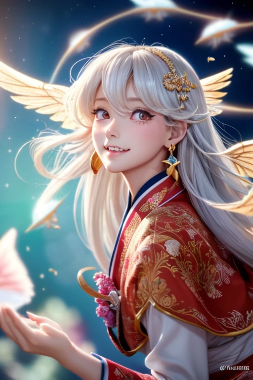 High quality CG illustration,((highest quality)), CG Animation((masterpiece)), (detailed), Perfect Face,日本の女god,Doll-like girl with angel wings, Archangel, , Look forward , Look up at the camera, Bright as morning,(Abysmal),(Are you okay, round, Symmetrical eyes),Delicate facial features, very slim and 細い体, (She has a mischievous smile),(Her face is kind and beautiful),Large glass earrings,,(Blonde Hair),(Silvery white hair),(Dramatic Pose),(Flashy photos), Upturned eyes, Upward glance, Cluttered picture，(Hair flying in the air:2.0),(Background vortices and currents),(Dramatic Light),(Nice views),(Surrounded by beautiful feathers),Spectacular realism,,(Soft colors:1.2),超detailed,Dramatic Light,(複雑なdetailed:1.1), Complex background, Sparkling背景, Fractal Background,(Powerful Fangs:1.5)
,Big eyes,cute,Portrait photos,両手の中にうすいピンクの光るheart,Background pink,god秘的,Shrine maiden,女god,Beauty,cute,Beauty,The goddess,Anime Style,Anime CG,god様,gem,shine,luxury,god々Aura,crystal,dragon,Gal,Heavy makeup,Eyelashes,Feather coat,Decoration,Facing forward,Anime Style,kimono,Sparkling,gem,左手にcrystalを持つ,heart,Benefits,Fortune telling,luxury,gold,luxuryなDecoration,luxuryな背景,noble,おRich man,Love luck,和風の女god,altar,dragongod,Aurora,Rainbow-colored,真Facing forward,luxury絢爛,shine,dazzling,Aurora,Rich man,wealthy class,Fairy,Gray Hair,Light blue hair,earrings,gemが沢山付いた服,Hanfu ,god社,prayer,Rainbow-coloredの髪と花の冠を持つ女性の接写, Anime Style 4k, detailedなDigital anime art, 8Kの高品質でdetailedなアート, Beautiful anime portraits, Anime fantasy artwork, Anime fantasy illustration, anime art wallpaper 4k, anime art wallpaper 4k, Digital anime art, Highly detailed digital art in 4K, Anime Style. 8k,目線はFacing forward,Gold Folding Screen,,,,