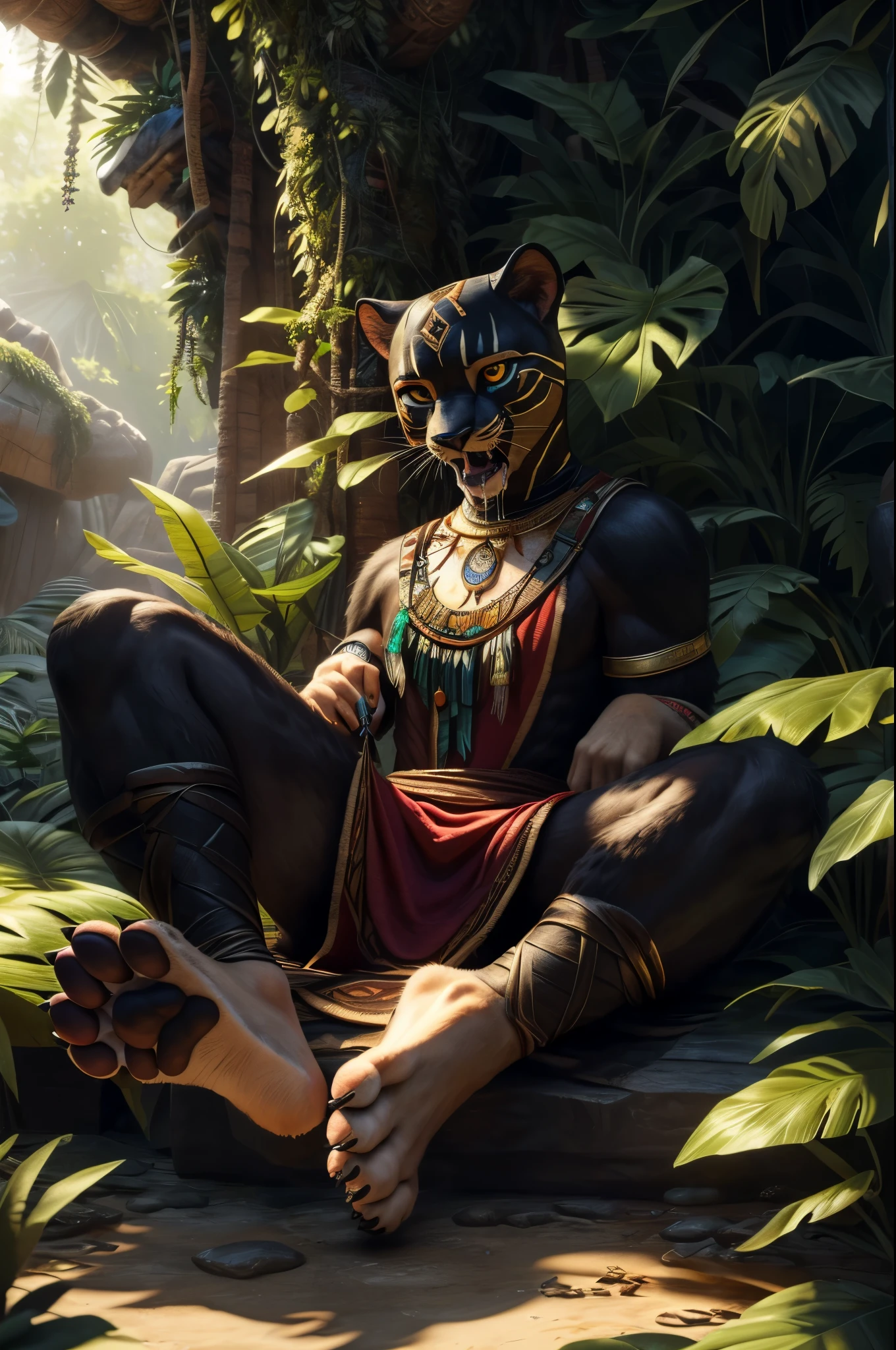 (((sfw))), (((Barefoot furry character, full body, cinematic setting, furry male, plantigrade))) Curare depicted as stealthy and agile ((black panther)) anthro with sleek black fur and piercing amber eyes. Clad in tribal-inspired attire with dart motifs symbolizing curare's traditional use in blow darts. The figure sitting barefoot in a dense rainforest setting, surrounded by vines and exotic plants like Strychnos toxifera, used in curare preparation by indigenous tribes. (((nice feet paws, soles with pawpads, one feet lifted))), BREAK, detailed background, 8K, (masterpiece:1.5), intricate details, highly detailed, extreme detail, octane render, fine art, best quality, highres, (detailed face:1.5), ((full_body)), UHD, (((perfect hands))), low light, (((green glow in eyes, open mouth, drooling, deeply hypnotised)))