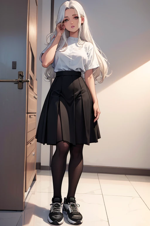 de 22 anos, pele branca, quase fala, cabelo branco, rosa nas pontas, cabelo extremamente longo, apertado, black pantyhose, black sneakers, cabelo branco, cabelo entre os olhos, cabelo branco, boca fechada, faixa, messy hair formal skirt model pose big skirt white hair