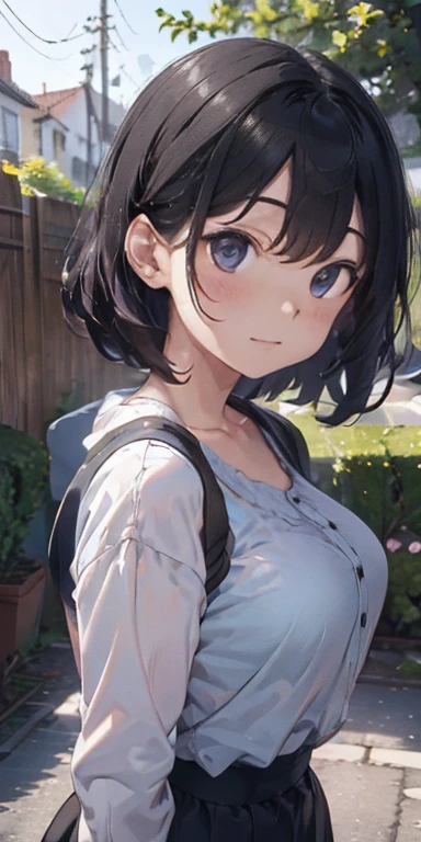 best quality, high resolution, ultra-detailed, realistic, vibrant colors, portraits, girl in a garden, short black hair, beautiful detailed eyes, smile, blushing
