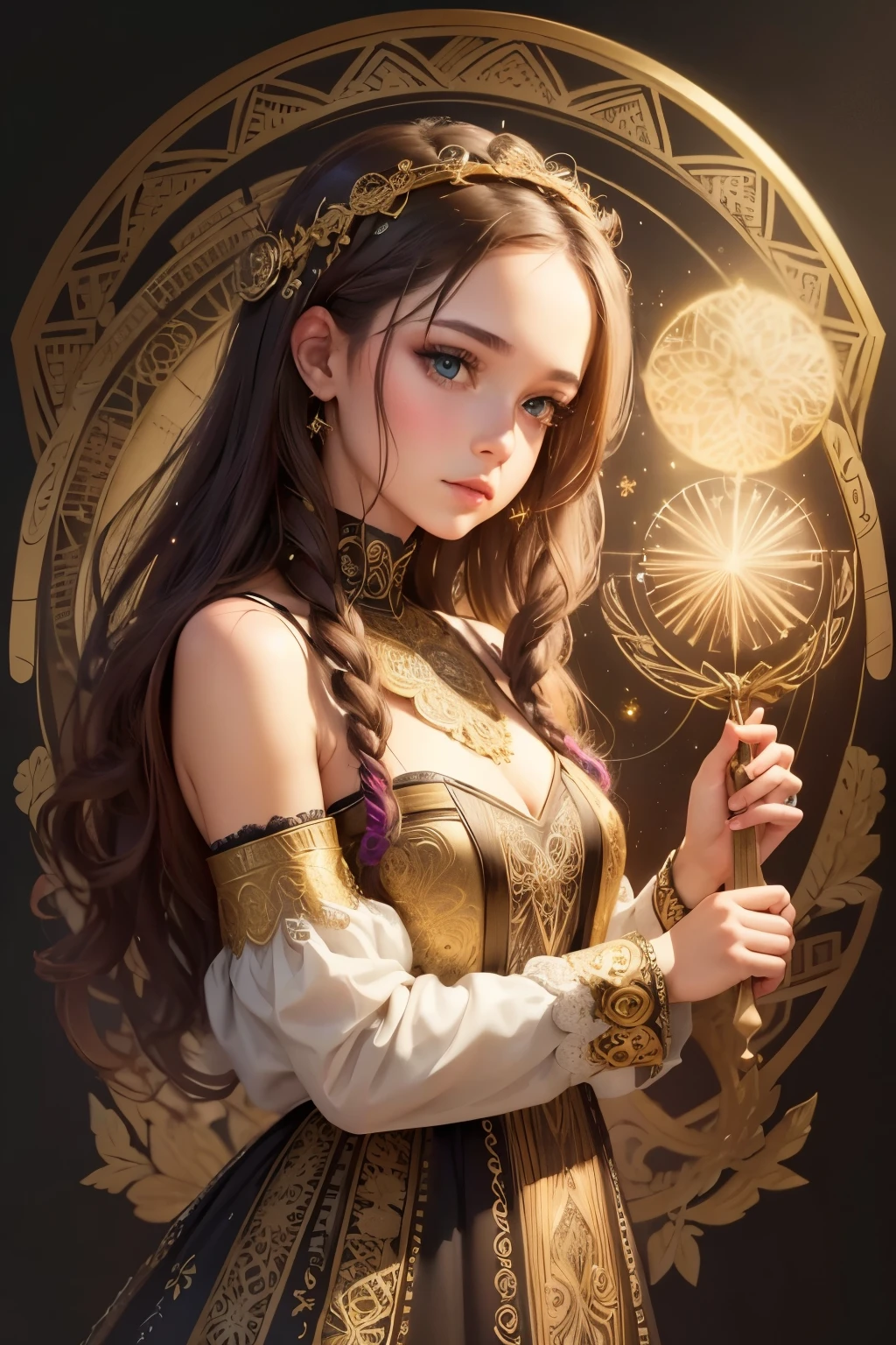 PerfectNwsjMajic,(masterpiece, top quality, best quality, official art, beautiful and aesthetic:1.2), (1girl), extreme detailed,colorful,highest detailed, official art, unity 8k wallpaper, ultra detailed, beautiful and aesthetic, beautiful, masterpiece, best quality, (zentangle, mandala, tangle, entangle) ,holy light,gold foil,gold leaf art,glitter drawing,