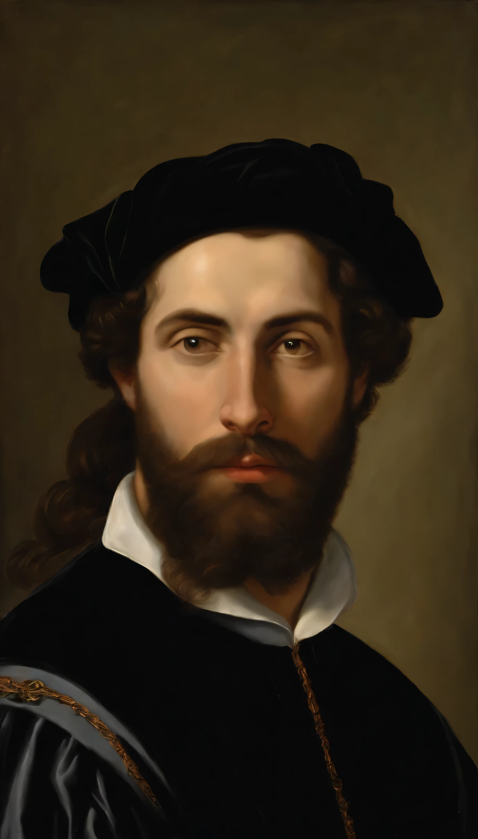 Uma imagem sem barba, sin pelos en la cara, do pintor renascentista Rafael Sanzio pintando um quadro, cabelo preto comprido, (SEM BARBA), your face should NOT have a beard, Black cap, queixo alongado, sin pelos en la cara, looking at the picture he's painting, Character with a male face from the Renaissance period, 16th century Renaissance man, Rafael Sanzio deve estar pintando uma obra de arte, mirada profunda, imagem de alta qualidade, (Obra-prima), (serious man without a beard), o pintor deve estar diante de uma tela, Have a reference to the Renaissance era, RAFAEL SANZIO Pintor renascentista.