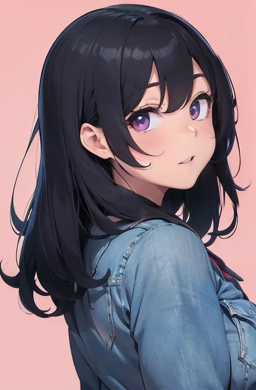 2D Illustration, anime, a painting portrait in fine arts, in manhwa style, {{Bishamon de noragami}}, 30 anos de idade,, mulher,1 garota, loiro, cabelo longo, olhos roxos, inventar, lindo, High definition, Obra de arte, melhor qualidade, alto detalhe, alto detalheed eyes, Grain Filter, detailed lips, high resolution, ultra-detalhado, retrato, mulher caucasiana, realistic proportions, Anatomicamente preciso, bochechas rosadas; alta qualidade, premiado, high resolution, 8K, ((altamente detalhado:1.3), com volumosos cabelos ondulados, With peach loiroe bangs and olhos roxos and voluminous lips, {{cropped preto}, ((jeans curtos)), Anime style illustration, Ganhar